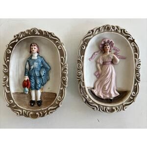2 Vtg Norleans Japan Pinky blue Bisque Boy & Girl 3D Wall Plaques Miniature Mini